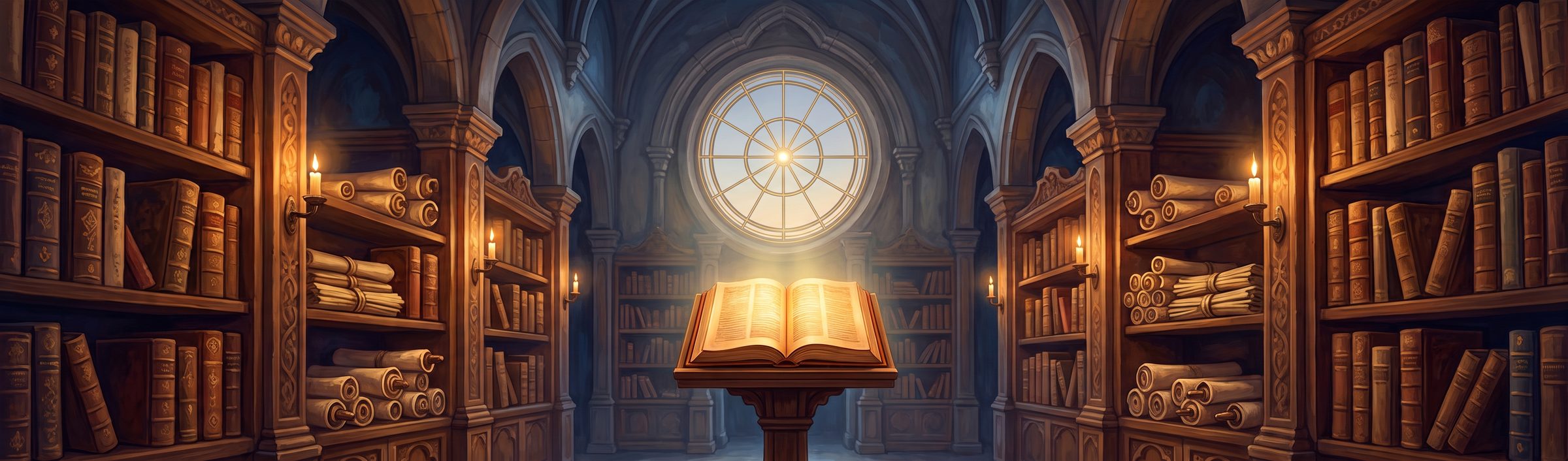 An open book glowing on a lectern in a sacred library, beneath a round window of light